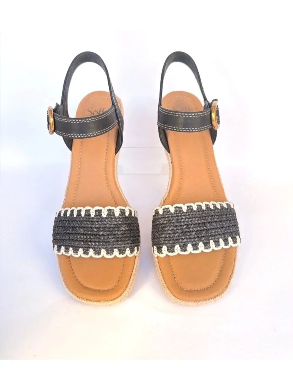 Sofft Inez Low Wedge Sandals Black Leather Summer Espadrilles Women Size 10
